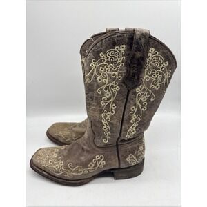 Corral Boots Teens 4 Leather Bone Embroidered Western Square Toe‎ Cowgirl Rodeo